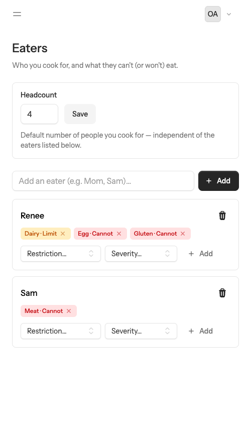 The eaters screen listing each family member and their dietary restrictions