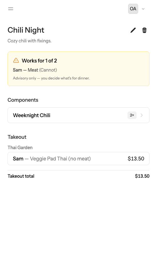 A dinner in the app mixing a home-cooked recipe with a takeout order, showing the Works for 7 of 8 fit indicator