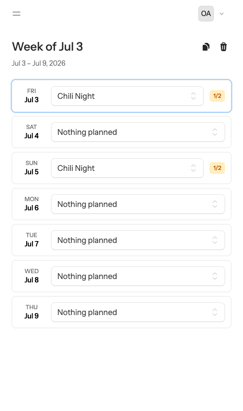 A weekly plan with a dinner assigned to each night