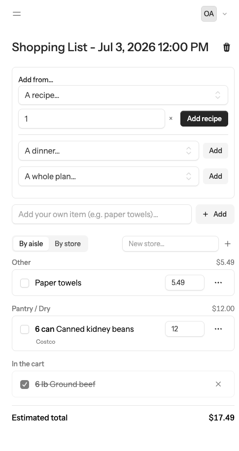 A consolidated shopping list grouped by aisle with estimated prices